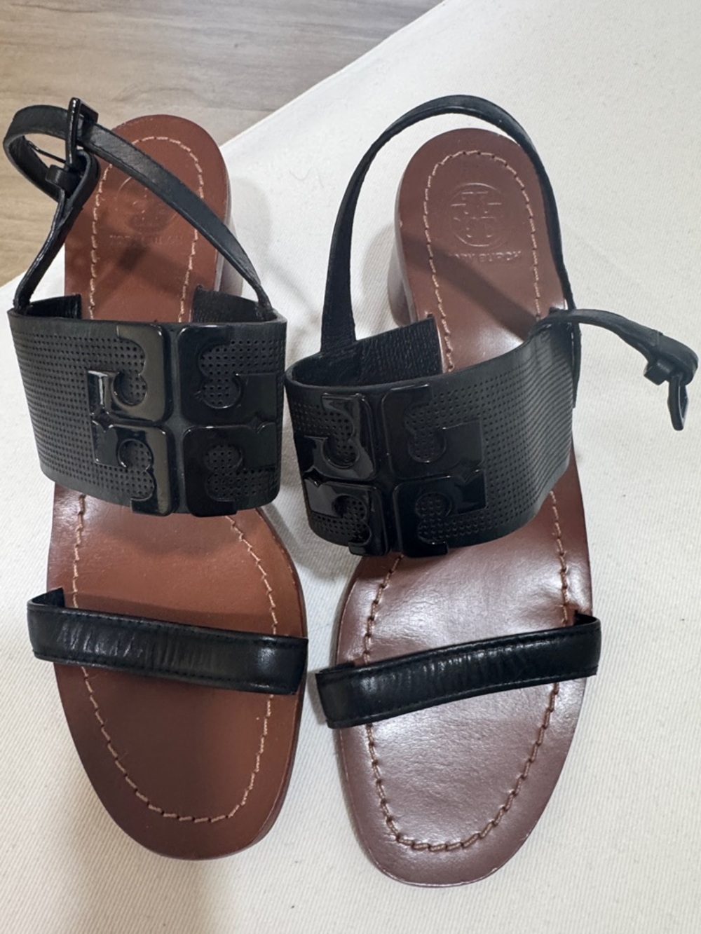 Tory Burch Black Leather and Brown Footbed Sandals